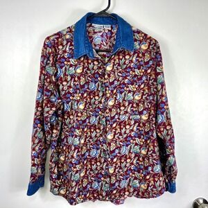 Vintage Floral Print Denim Collar Button Up Size M Long Sleeve Cottagecore Boho
